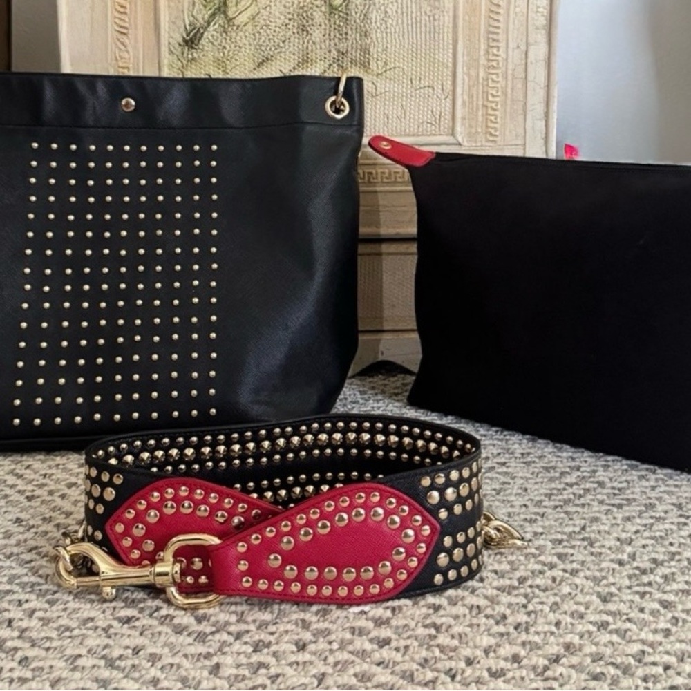 Sharif Black Studded Leather Tote | Dual Strap Design | Removable Pouch
